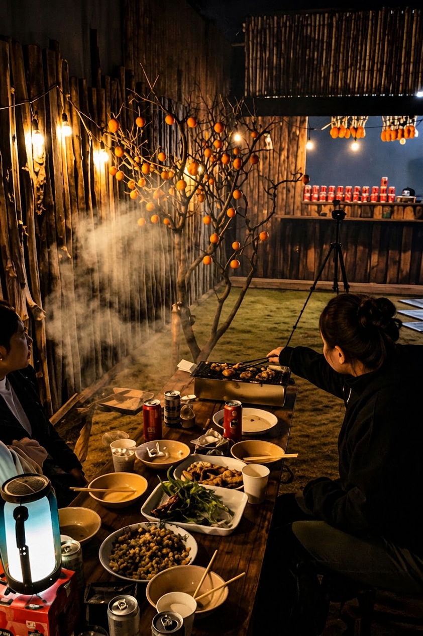 Tiệc BBQ đêm tại homestay với bàn nướng giữa không gian gỗ ấm