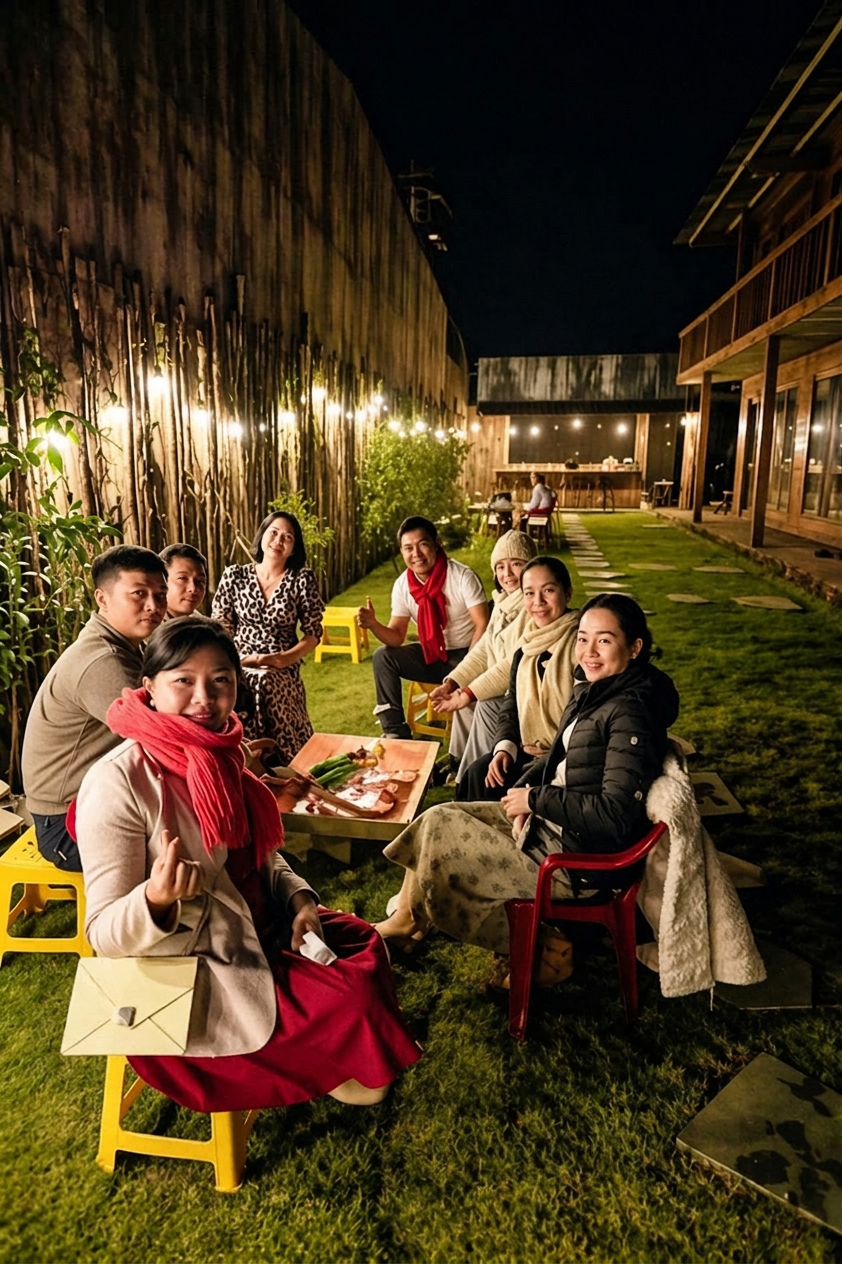 Không gian BBQ đêm tại homestay với nhóm khách ngồi ngoài sân cỏ