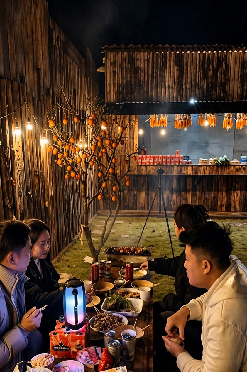 Bàn tiệc nướng đêm trong sân gỗ mộc mạc của homestay