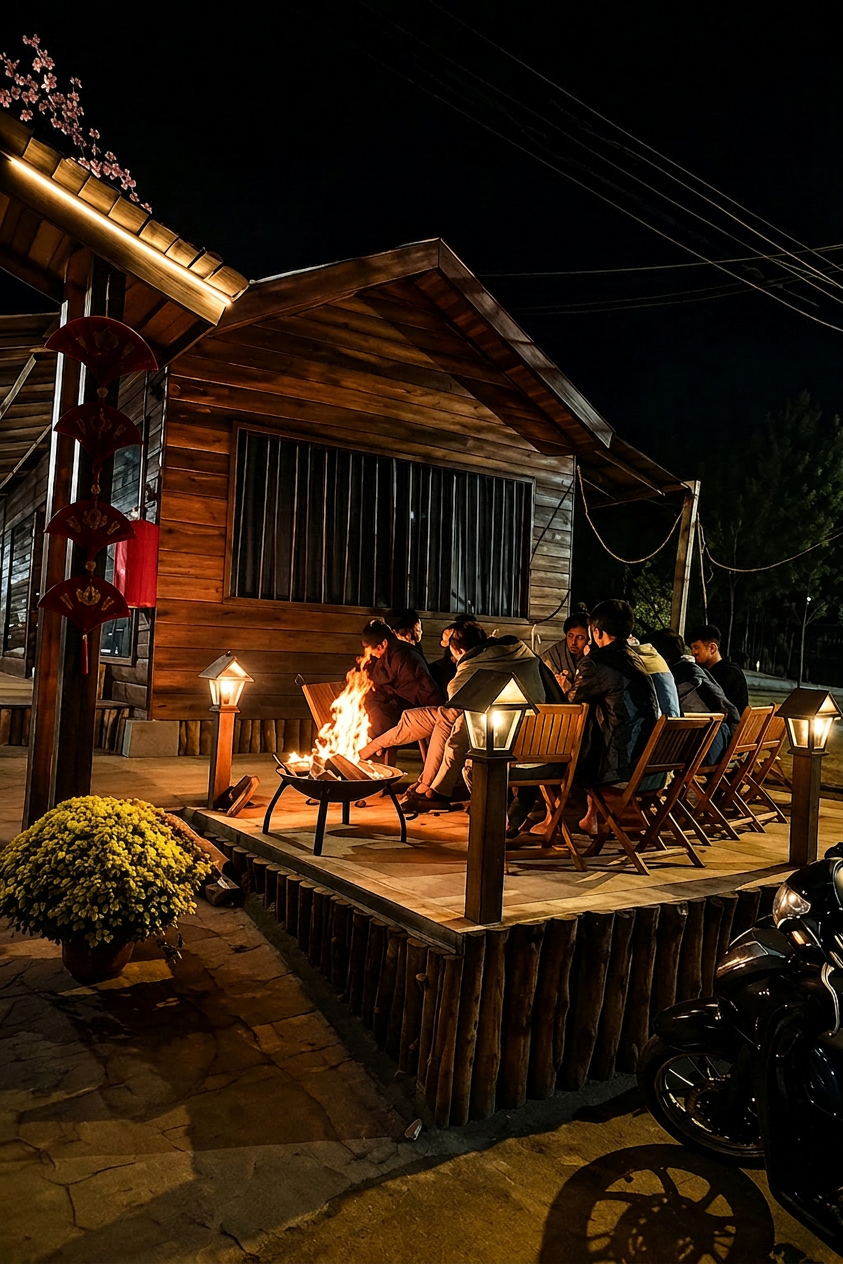 Bếp lửa ngoài trời bên căn nhà gỗ tại homestay về đêm